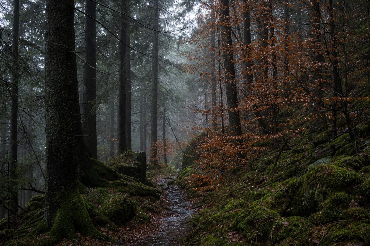Harzwald im Herbstnebel mit dunklen Tannenhängen
