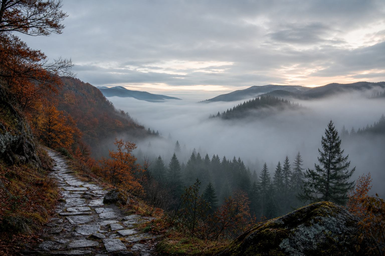 Herbstlicher Nebelwald mit silbrigem Flusstal in Deutschland