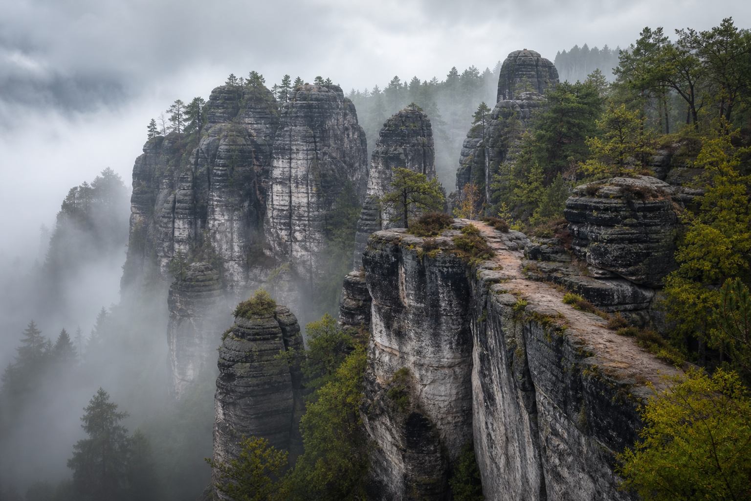 Nebelige Sandsteinfelsen in der Sächsischen Schweiz
